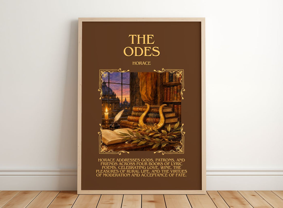 The Odes Minimalist Book Poster by Horace – framed print leaning on a wooden floor