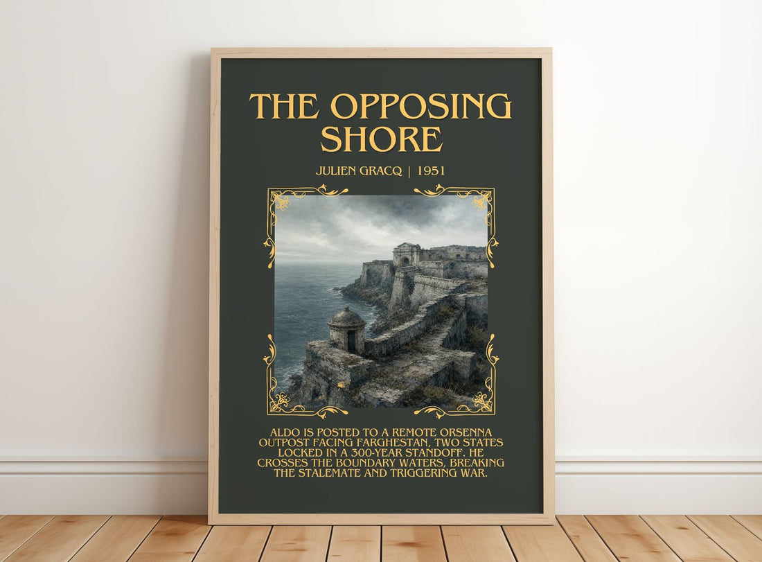 The Opposing Shore Minimalist Book Poster by Julien Gracq – framed print leaning on a wooden floor