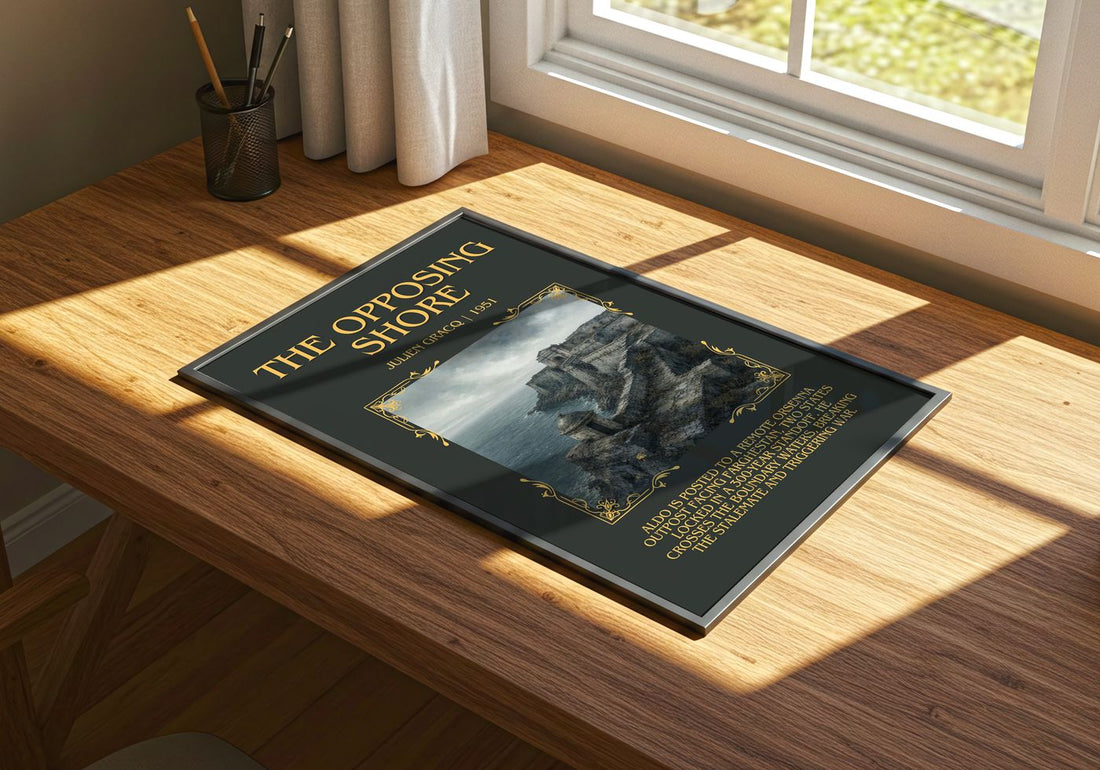 The Opposing Shore Minimalist Book Poster by Julien Gracq – print on a sunlit desk