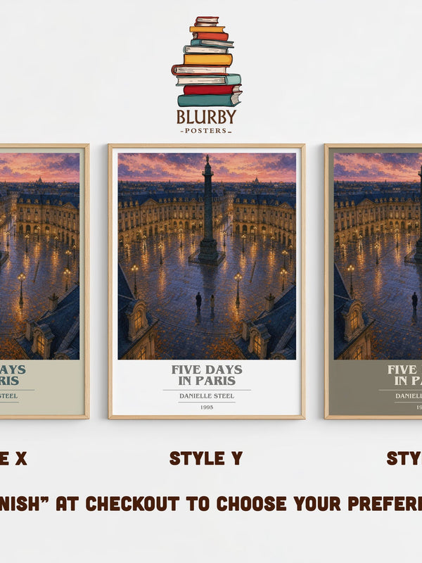 Five Days In Paris book cover print in frame leaning in hallway – romance wall art
