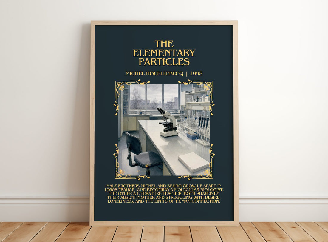 The Elementary Particles Minimalist Book Poster by Michel Houellebecq – framed print leaning on a wooden floor