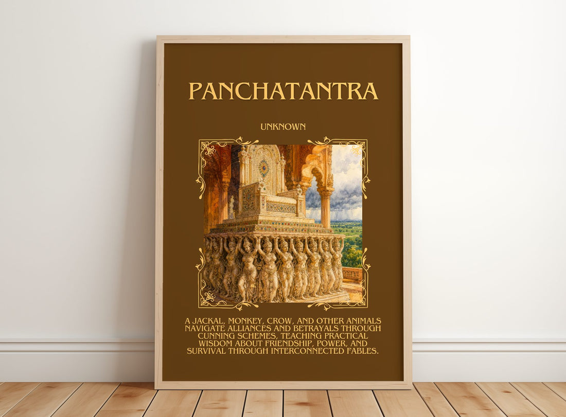 Panchatantra Minimalist Book Poster by Unknown – framed print leaning on a wooden floor