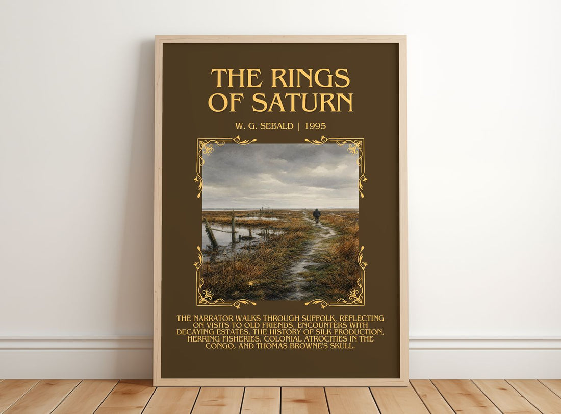 The Rings of Saturn Minimalist Book Poster by W. G. Sebald – framed print leaning on a wooden floor