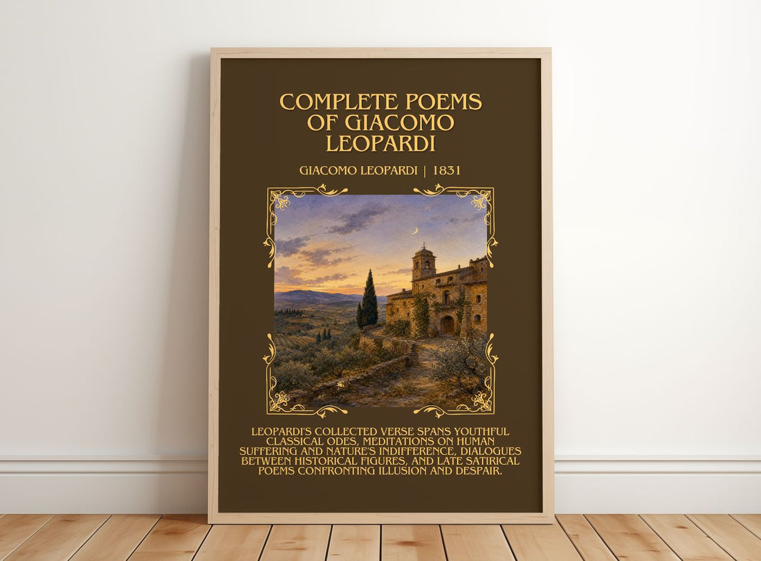 Complete Poems of Giacomo Leopardi Minimalist Book Poster by Giacomo Leopardi – framed print leaning on a wooden floor