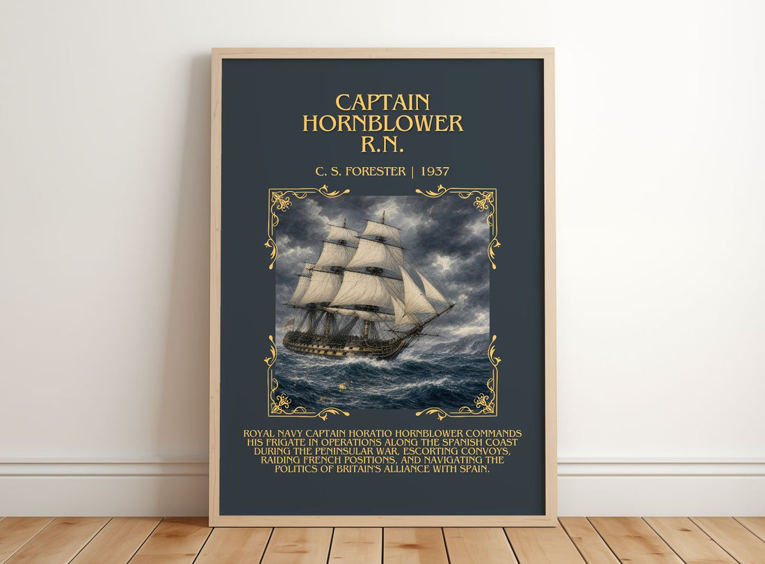 Captain Hornblower R.N. Minimalist Book Poster by C. S. Forester – framed print leaning on a wooden floor