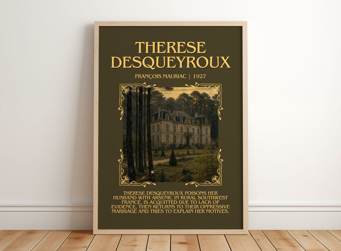 Thérèse Desqueyroux Minimalist Book Poster by François Mauriac – framed print leaning on a wooden floor