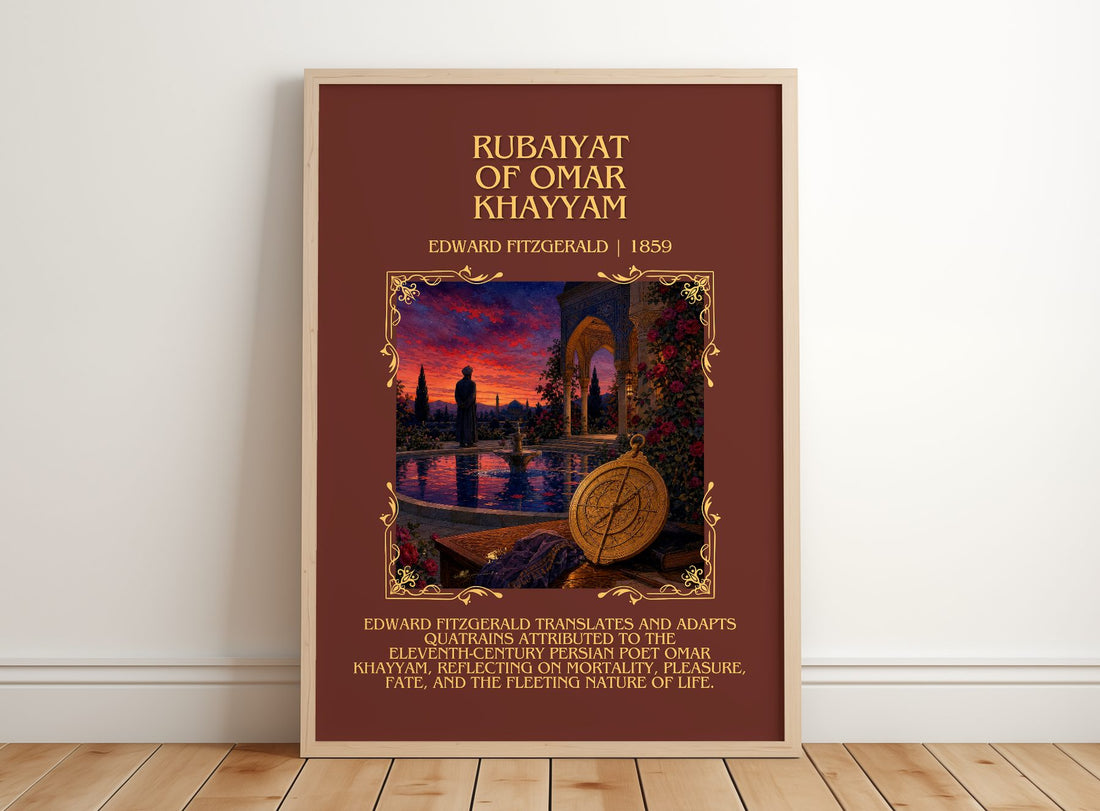 Rubaiyat of Omar Khayyam Minimalist Book Poster by Edward FitzGerald – framed print leaning on a wooden floor
