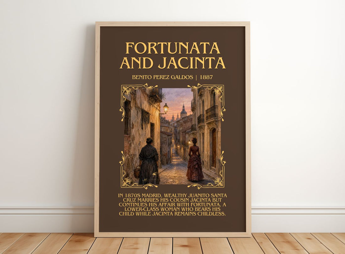 Fortunata and Jacinta Minimalist Book Poster by Benito Pérez Galdós – framed print leaning on a wooden floor