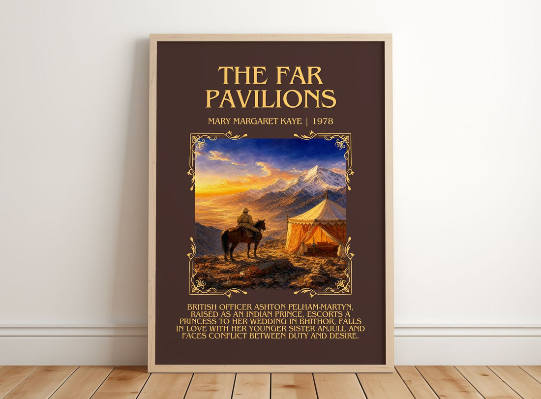 The Far Pavilions Minimalist Book Poster by Mary Margaret Kaye – framed print leaning on a wooden floor