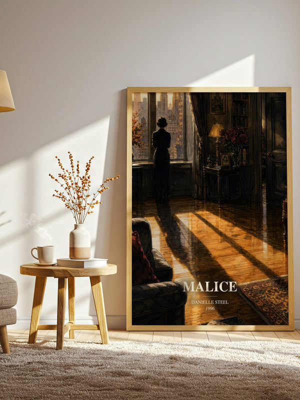 Malice watercolour print in frame leaning in hallway – thriller wall art