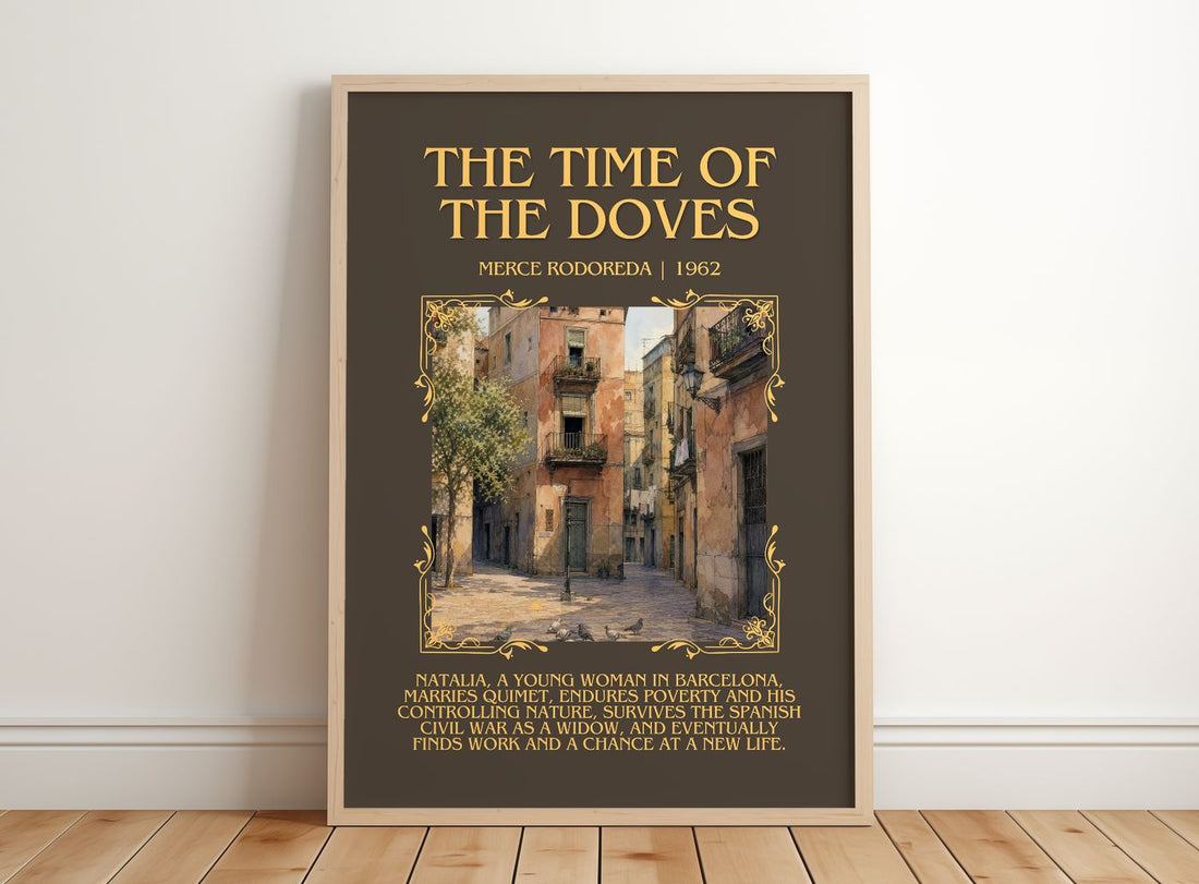 The Time Of The Doves Minimalist Book Poster by Merce Rodoreda – framed print leaning on a wooden floor
