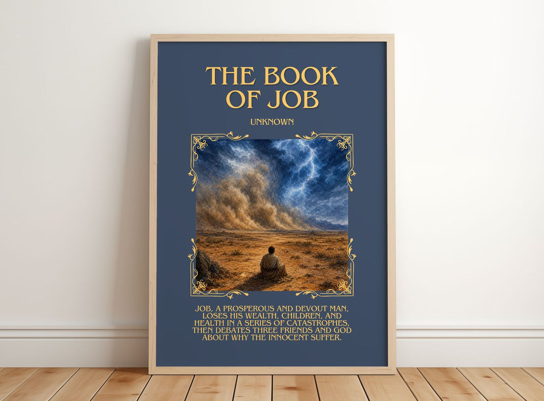 The Book of Job Minimalist Book Poster by Unknown – framed print leaning on a wooden floor