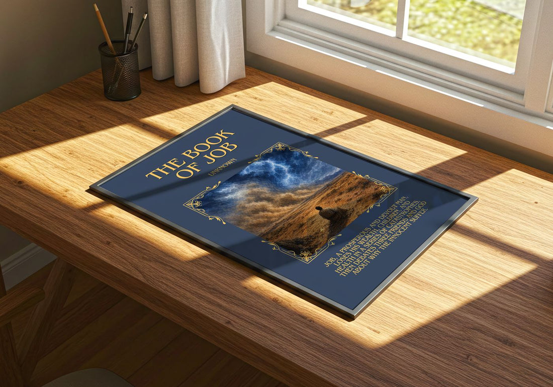 The Book of Job Minimalist Book Poster by Unknown – print on a sunlit desk