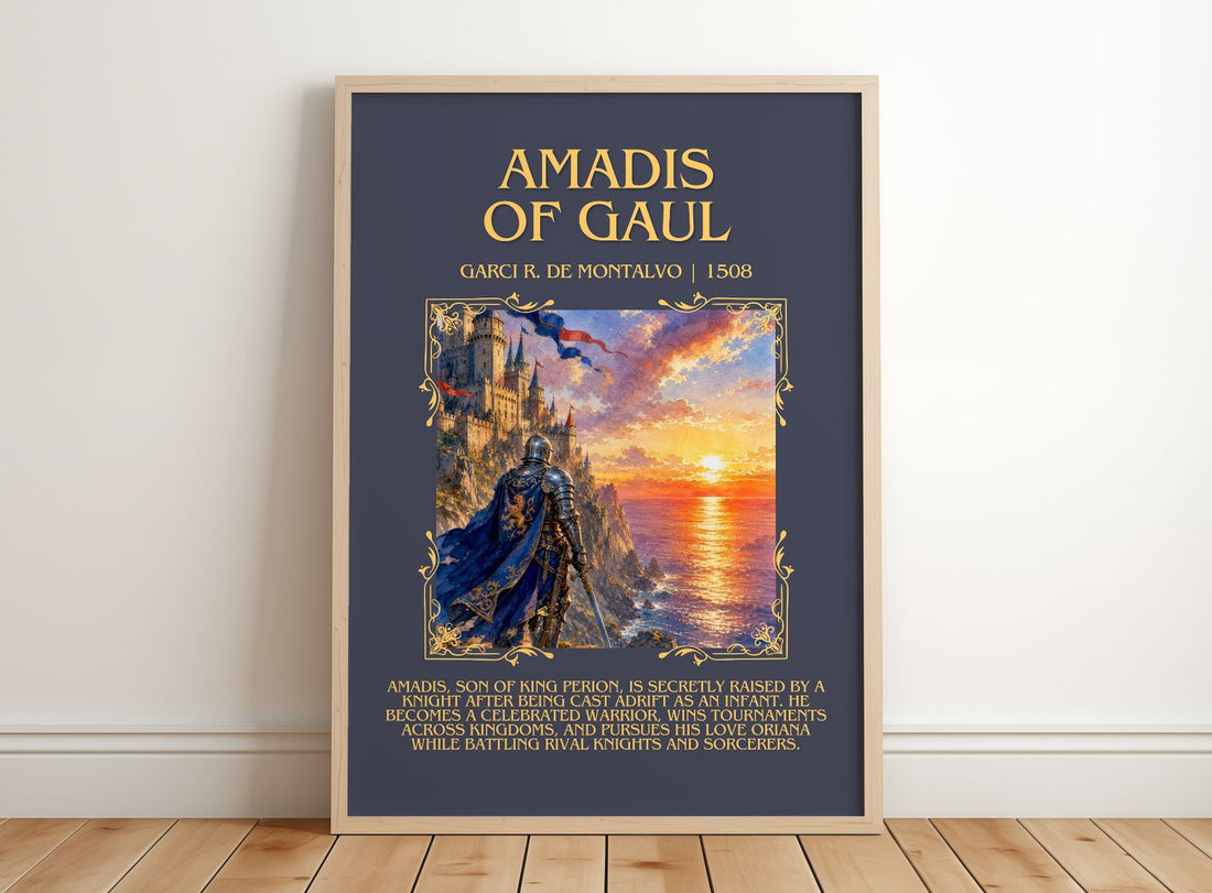 Amadis of Gaul Minimalist Book Poster by Garci R. de Montalvo – framed print leaning on a wooden floor
