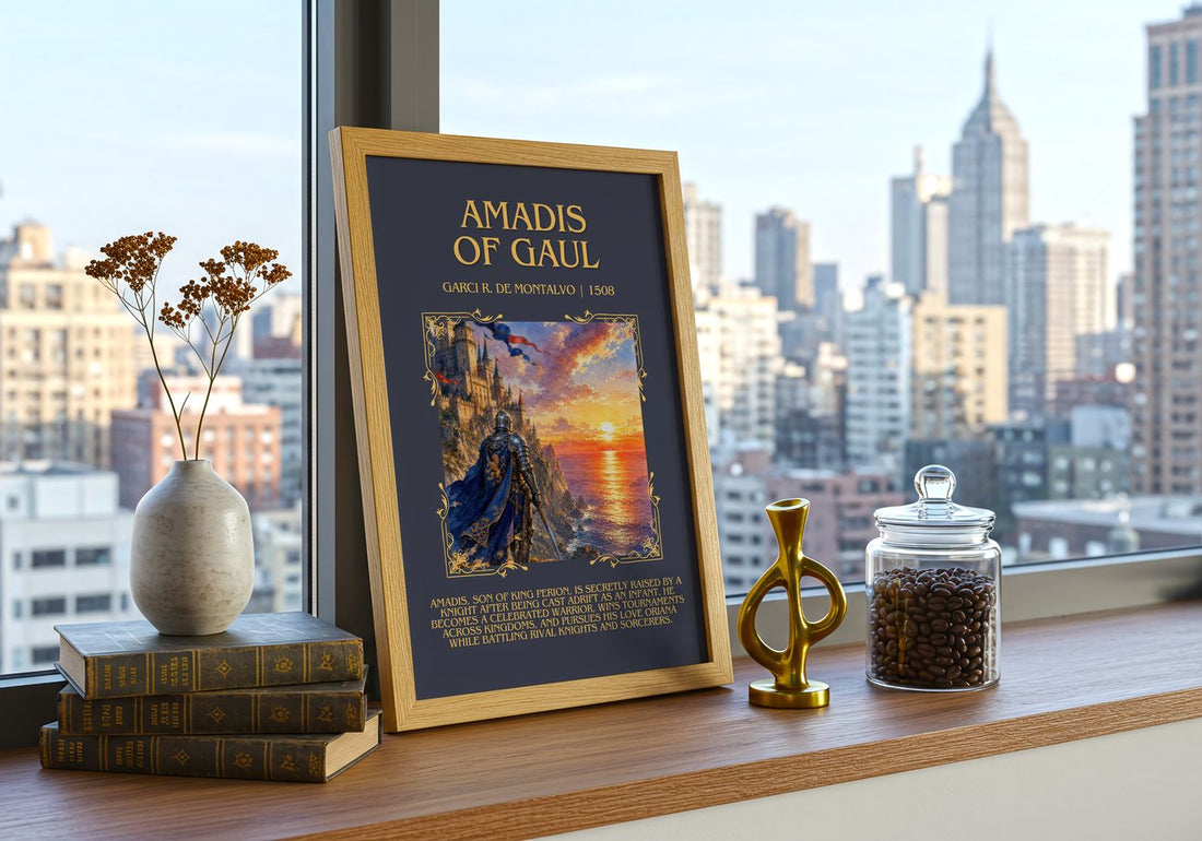 Amadis of Gaul Minimalist Book Poster by Garci R. de Montalvo – framed print on a city-view windowsill