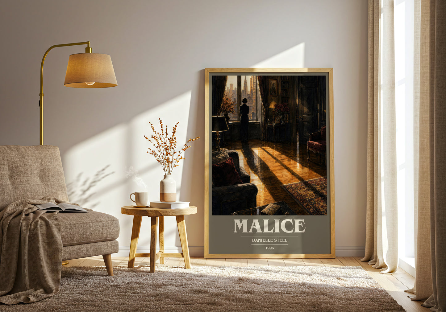 Malice book cover print on bookshelf – Danielle Steel fan gift