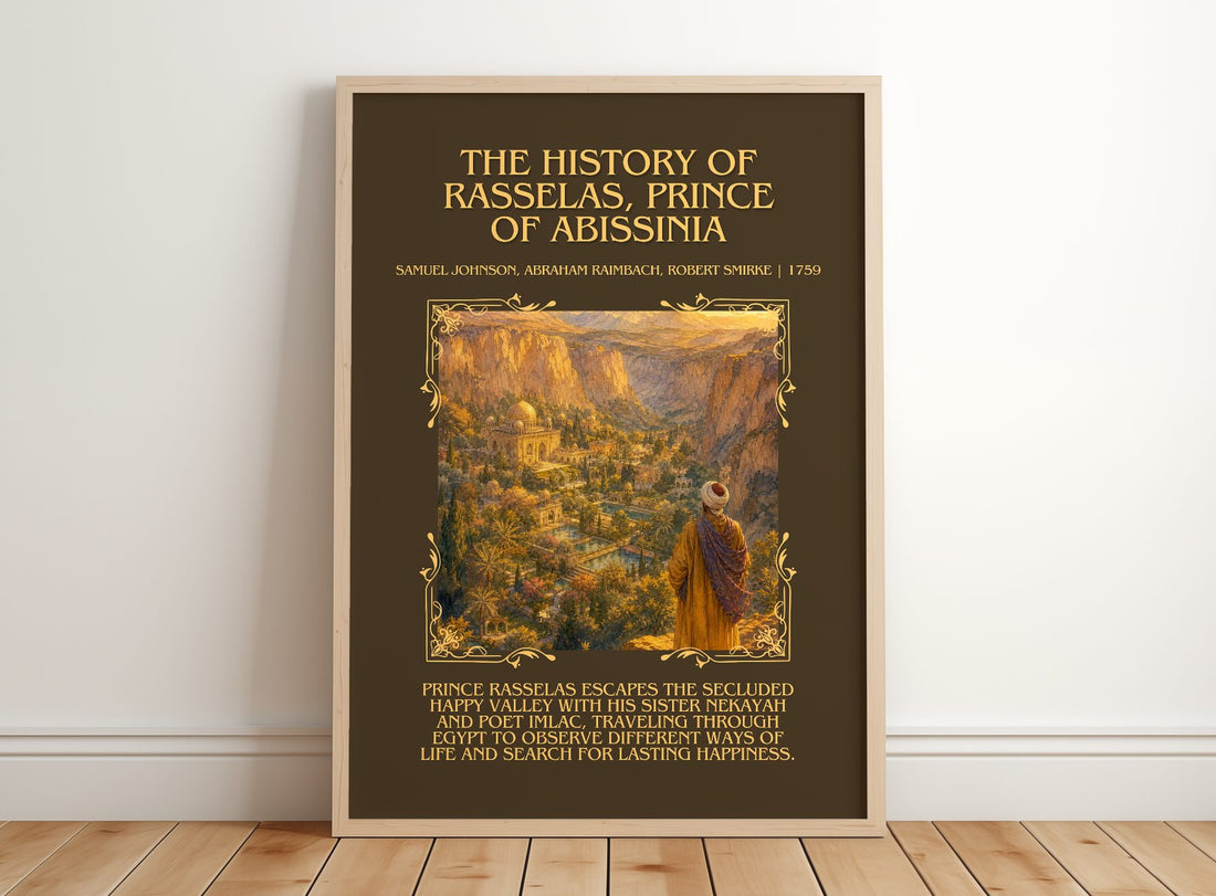 The History of Rasselas, Prince of Abissinia Minimalist Book Poster by Samuel Johnson, Abraham Raimbach, Robert Smirke – framed print leaning on a wooden floor