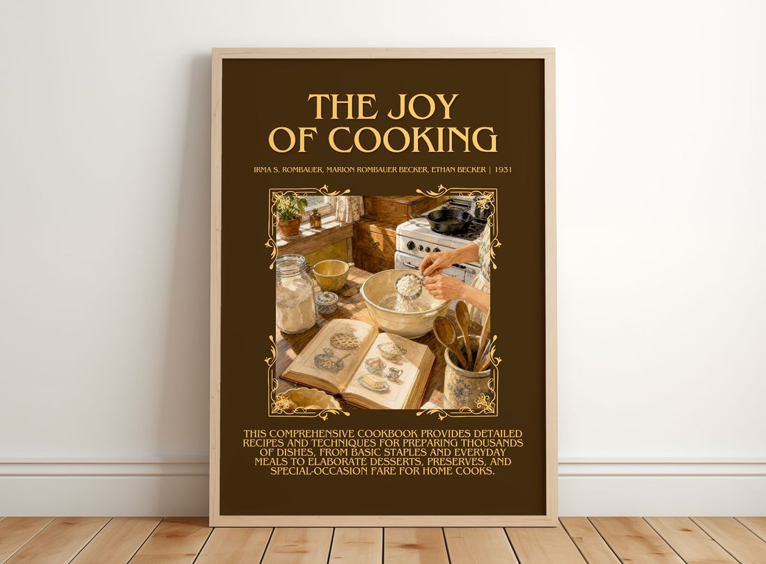 Joy of Cooking Minimalist Book Poster by I. Becker – framed print leaning on a wooden floor