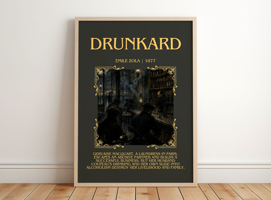 Drunkard Minimalist Book Poster by Émile Zola – framed print leaning on a wooden floor