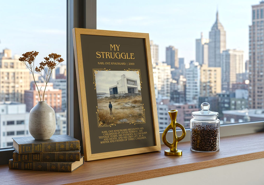 My Struggle Minimalist Book Poster by Karl Ove Knausgård – framed print on a city-view windowsill
