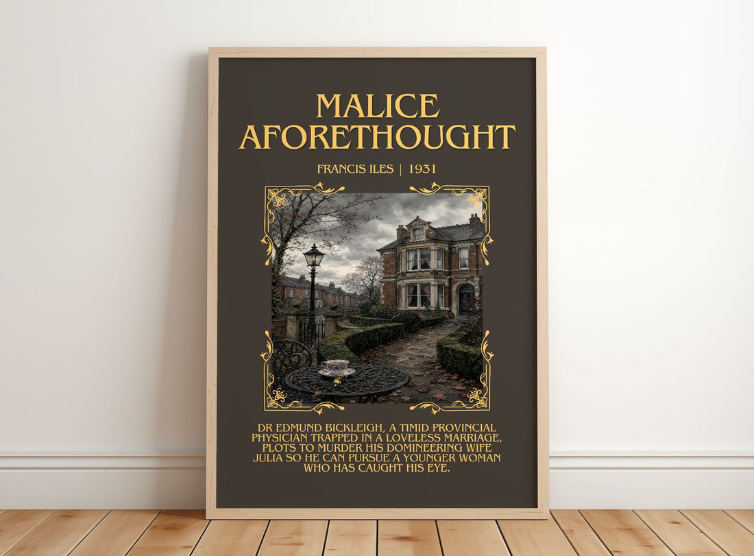 Malice Aforethought Minimalist Book Poster by Francis Iles – framed print leaning on a wooden floor
