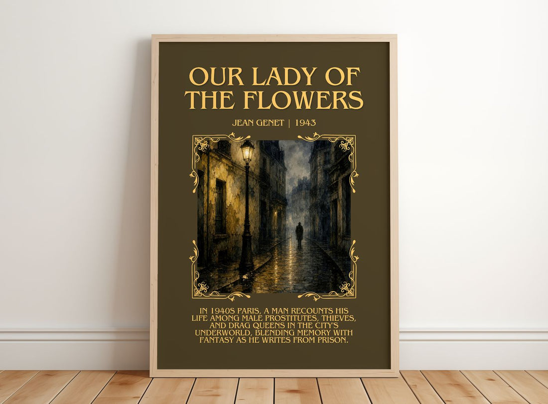 Our Lady of the Flowers Minimalist Book Poster by Jean Genet – framed print leaning on a wooden floor