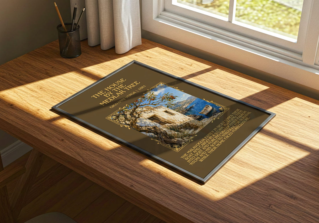 The House by the Medlar Tree Minimalist Book Poster by Giovanni Verga – print on a sunlit desk