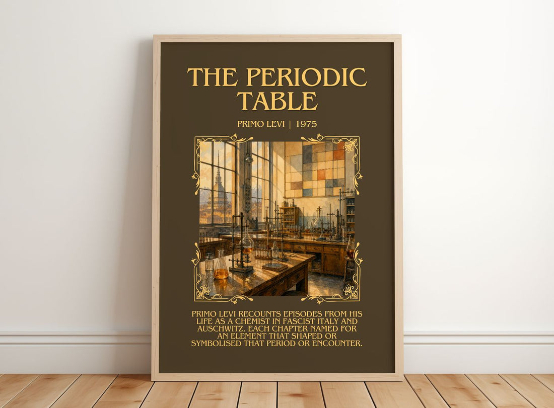 The Periodic Table Minimalist Book Poster by Primo Levi – framed print leaning on a wooden floor