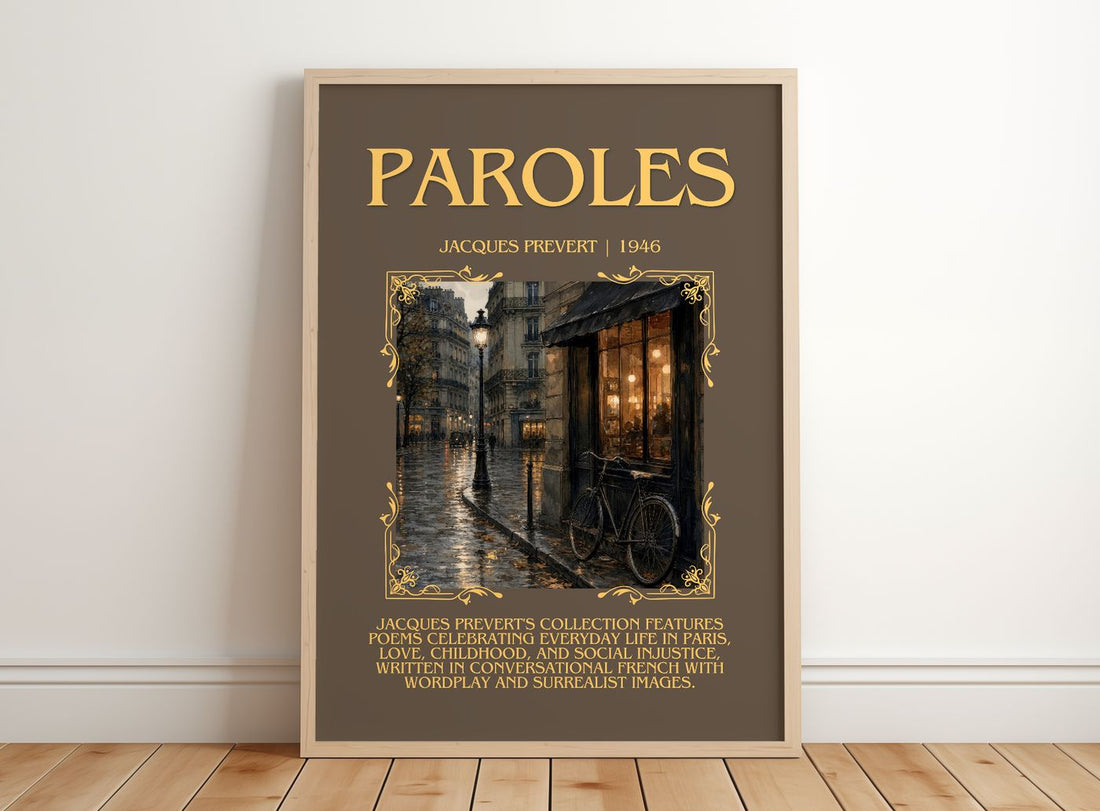 Paroles Minimalist Book Poster by Jacques Prévert – framed print leaning on a wooden floor