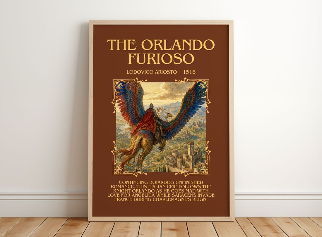 The Orlando Furioso Minimalist Book Poster by Lodovico Ariosto – framed print leaning on a wooden floor