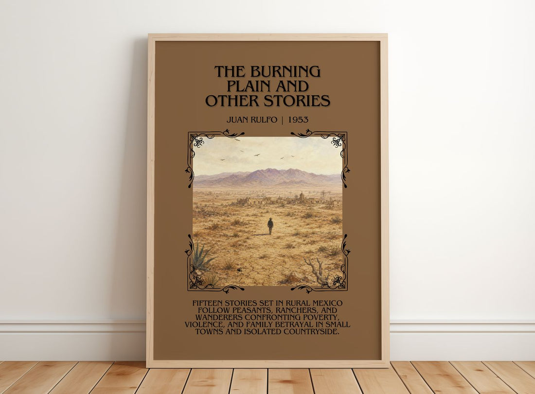 Burning Plain and Other Stories Minimalist Book Poster by Juan Rulfo – framed print leaning on a wooden floor