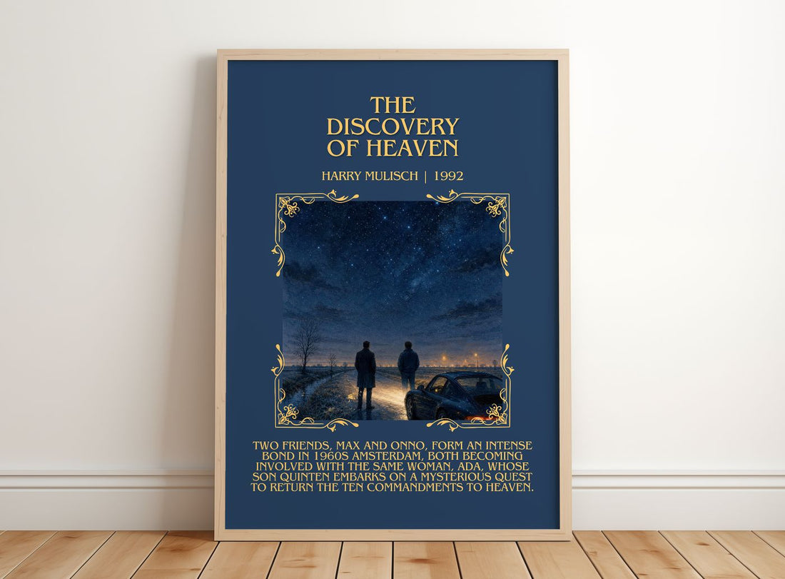 The Discovery of Heaven Minimalist Book Poster by Harry Mulisch – framed print leaning on a wooden floor