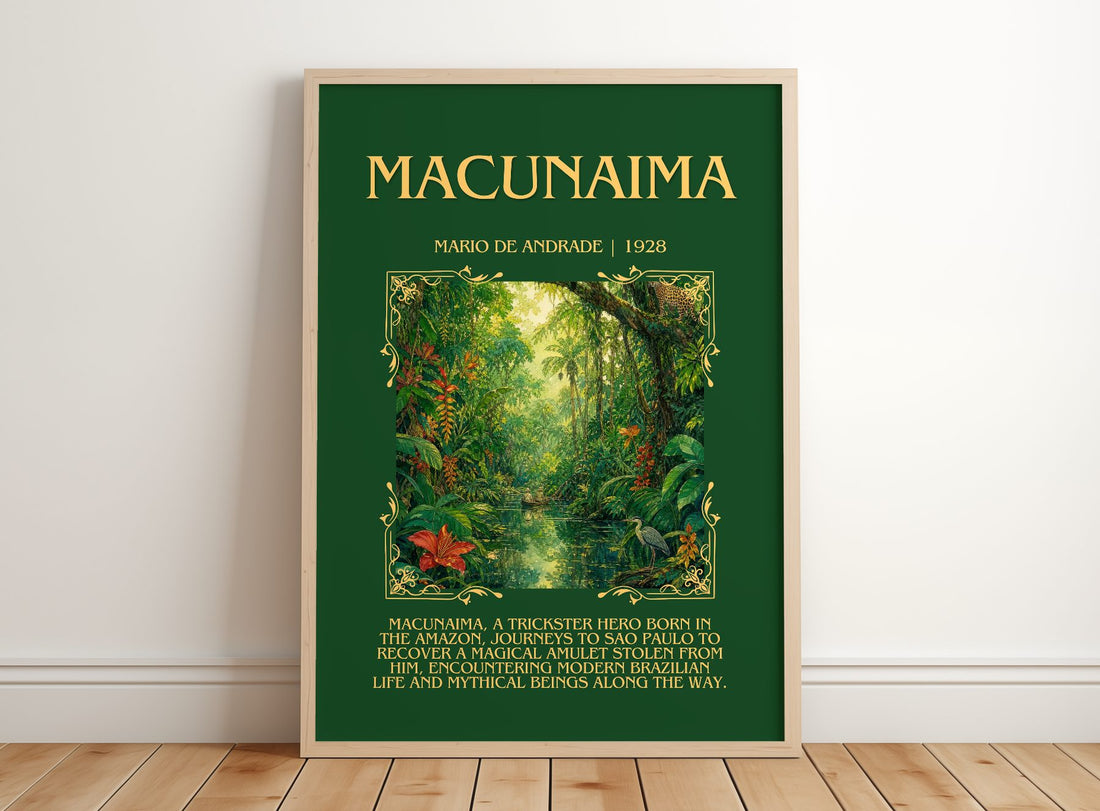 Macunaíma Minimalist Book Poster by Mario de Andrade – framed print leaning on a wooden floor