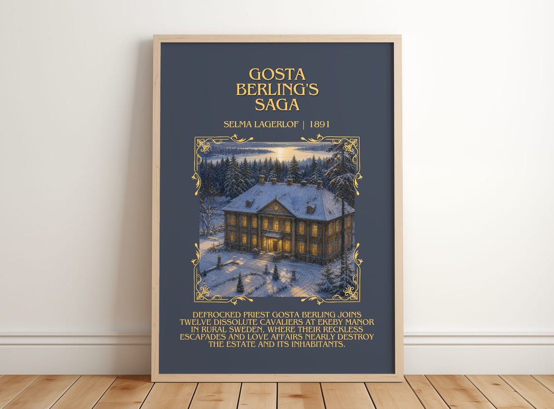 Gösta Berling's Saga Minimalist Book Poster by Selma Lagerlöf – framed print leaning on a wooden floor
