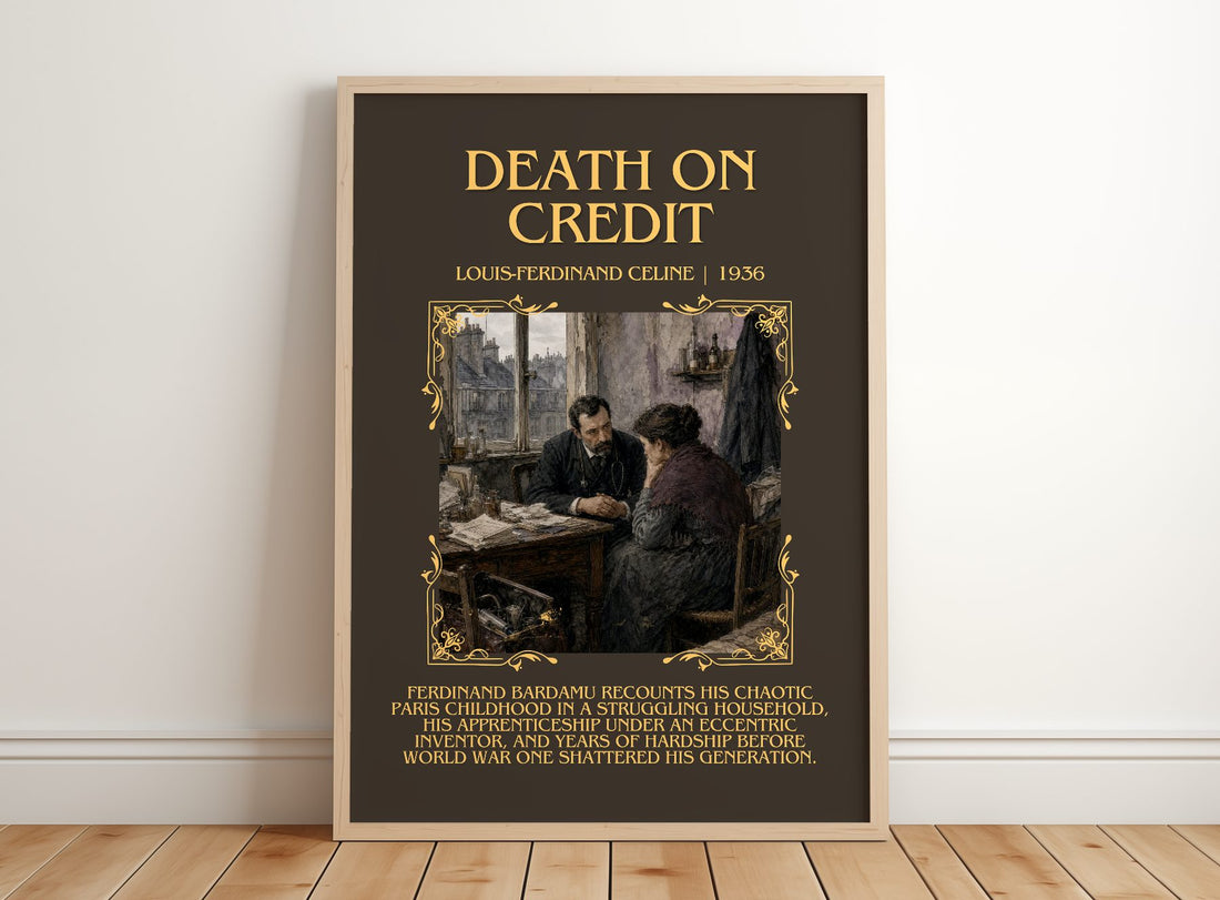Death on Credit Minimalist Book Poster by Louis-Ferdinand Céline – framed print leaning on a wooden floor
