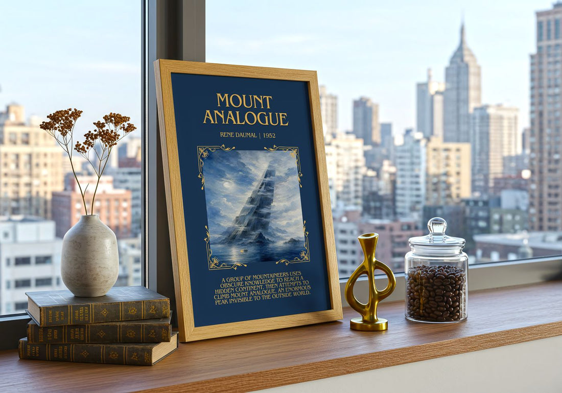 Mount Analogue Minimalist Book Poster by René Daumal – framed print on a city-view windowsill