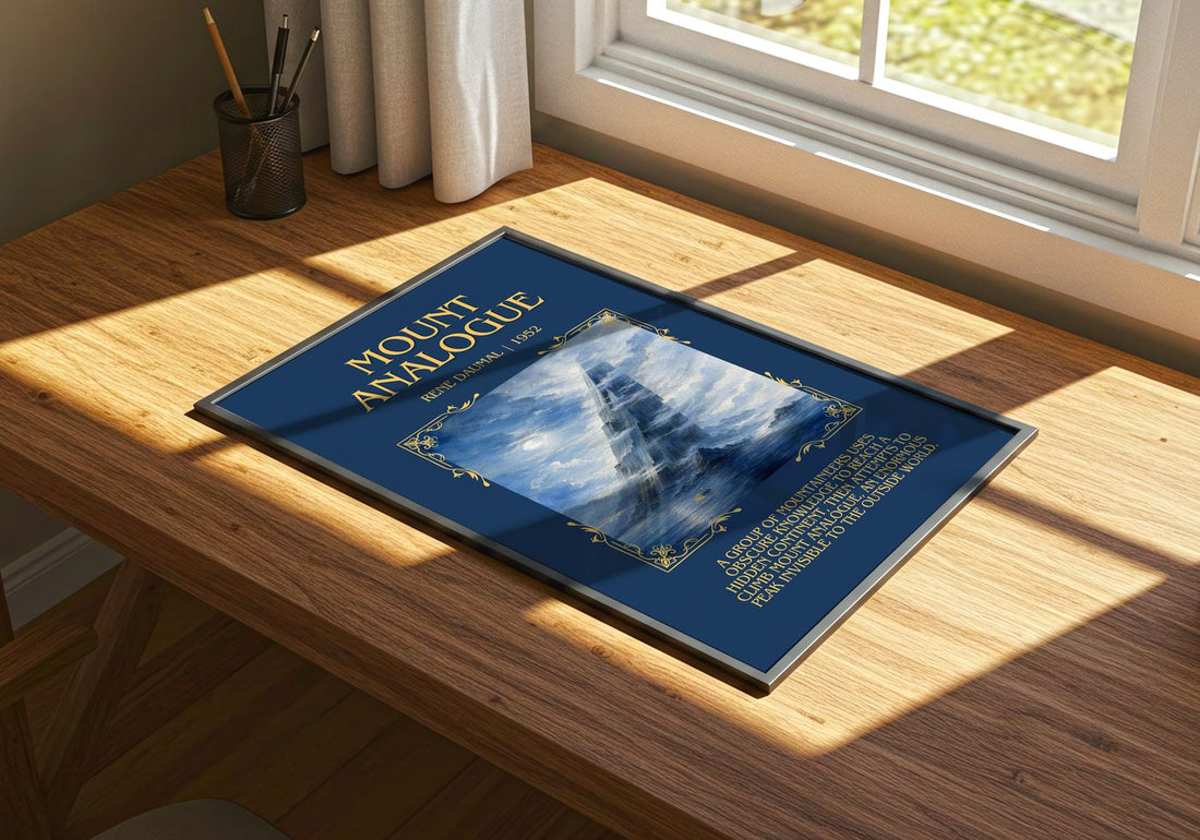 Mount Analogue Minimalist Book Poster by René Daumal – print on a sunlit desk