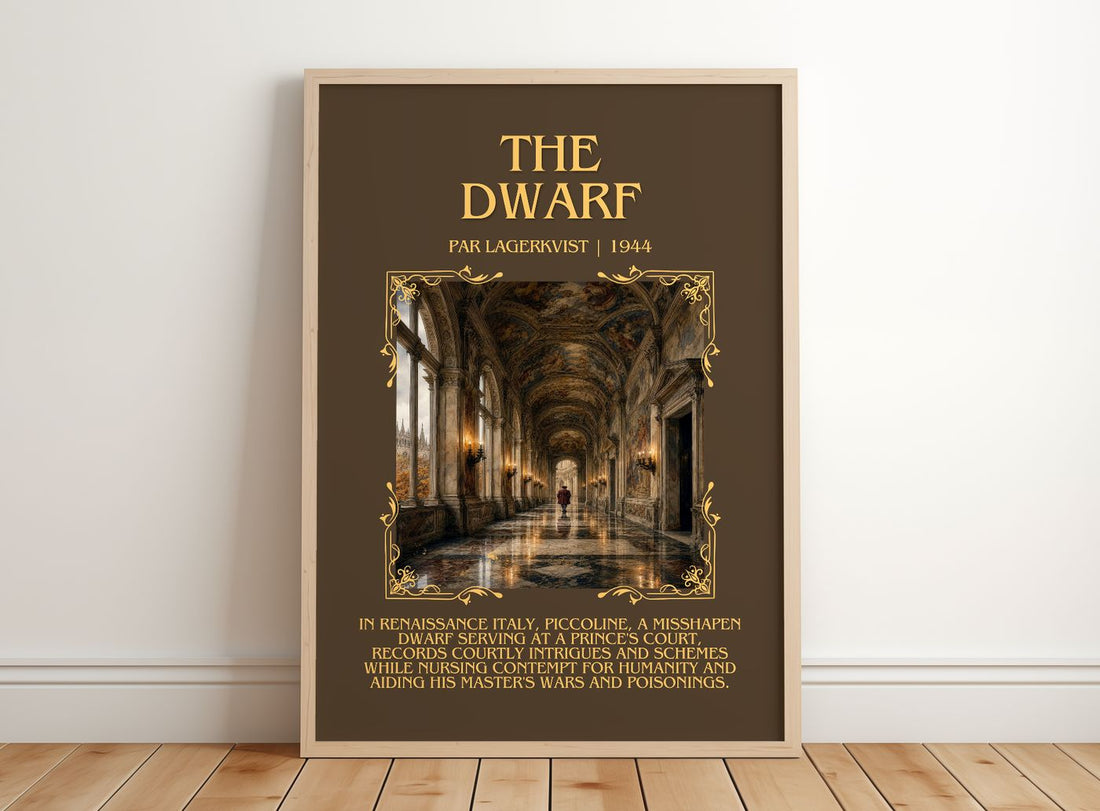 The Dwarf Minimalist Book Poster by Par Lagerkvist – framed print leaning on a wooden floor