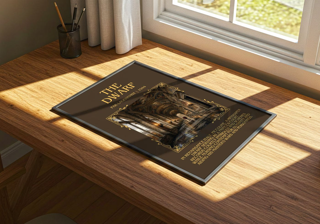 The Dwarf Minimalist Book Poster by Par Lagerkvist – print on a sunlit desk