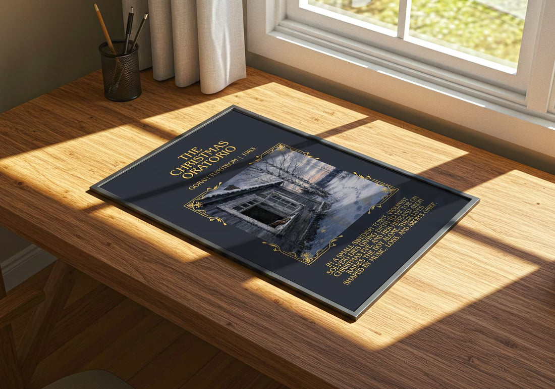 The Christmas Oratorio Minimalist Book Poster by Göran Tunström – print on a sunlit desk