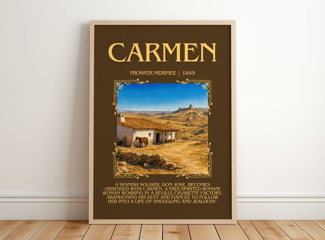Carmen Minimalist Book Poster by Prosper Mérimée – framed print leaning on a wooden floor