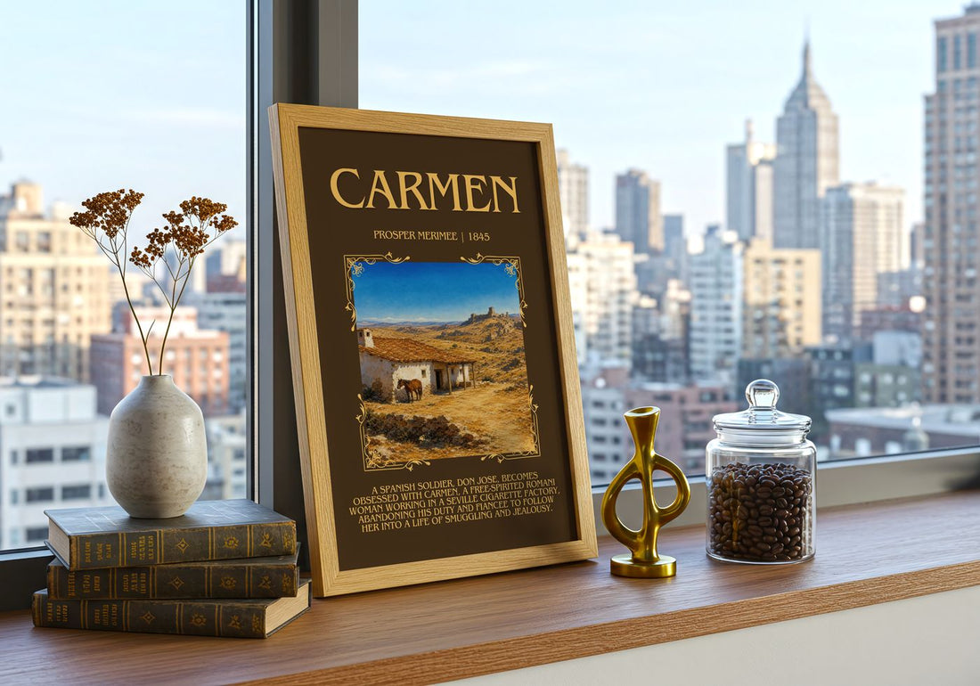 Carmen Minimalist Book Poster by Prosper Mérimée – framed print on a city-view windowsill