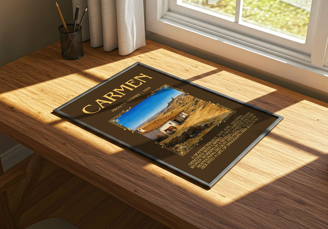 Carmen Minimalist Book Poster by Prosper Mérimée – print on a sunlit desk