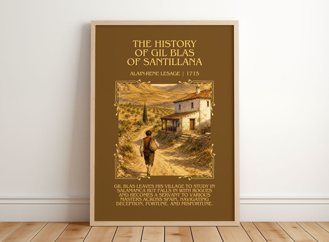 History Of Gil Blas Of Santillana Minimalist Book Poster by A. Lesage – framed print leaning on a wooden floor