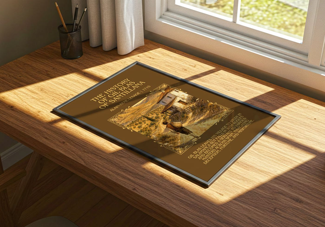 History Of Gil Blas Of Santillana Minimalist Book Poster by A. Lesage – print on a sunlit desk