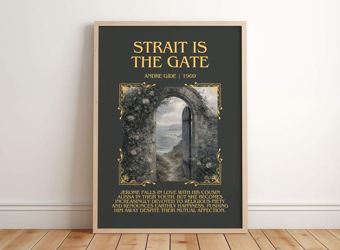 Strait is the Gate Minimalist Book Poster by André Gide – framed print leaning on a wooden floor