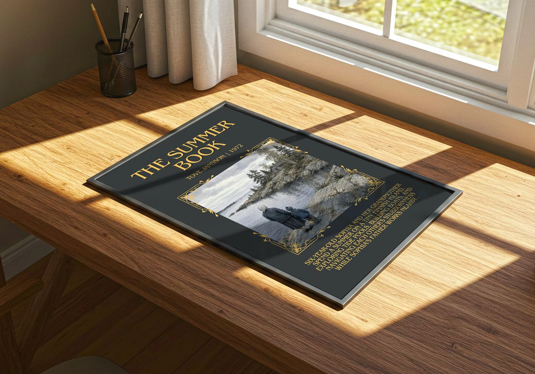 The Summer Book Minimalist Book Poster by Tove Jansson – print on a sunlit desk