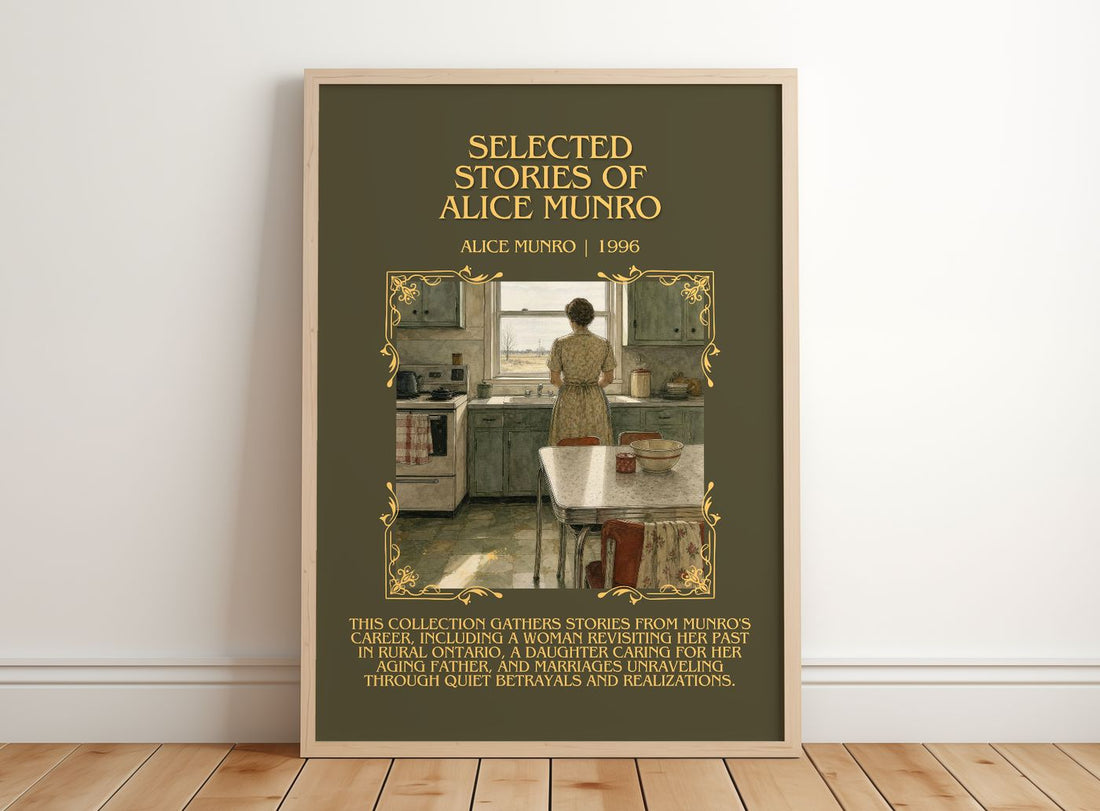 Selected Stories of Alice Munro Minimalist Book Poster by Alice Munro – framed print leaning on a wooden floor