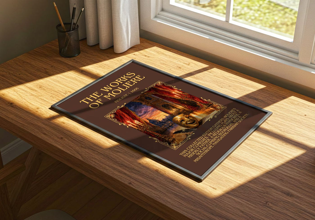 The Works of Moliere Minimalist Book Poster by Molière – print on a sunlit desk