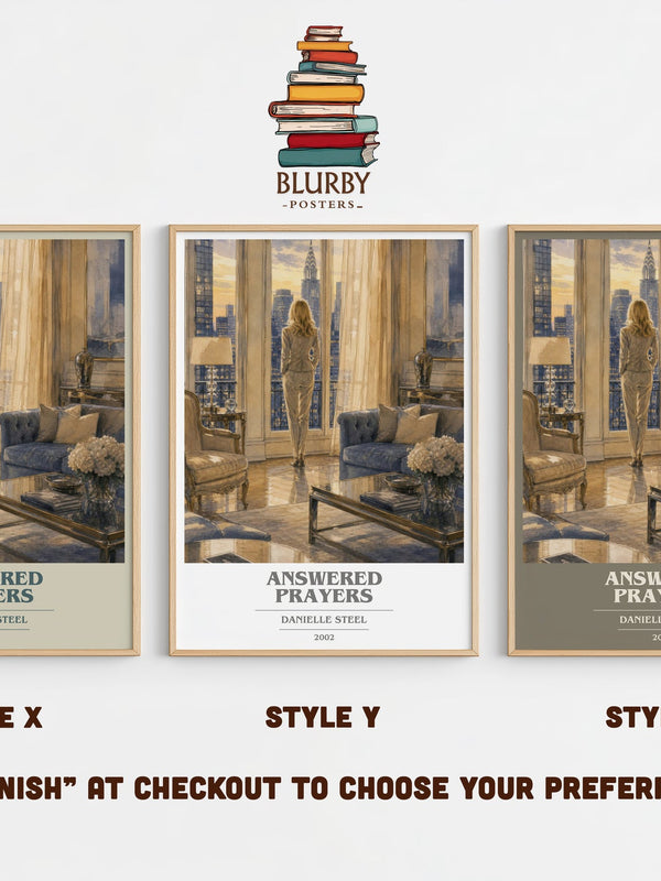 Answered Prayers book cover print in frame leaning in hallway – contemporary fiction wall art